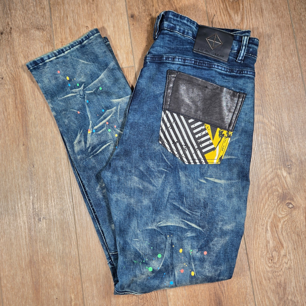 Create 2MRW Jeans Mens 38x34 Dark Wash Skinny Fit Moto Knee Speckled Blue Denim